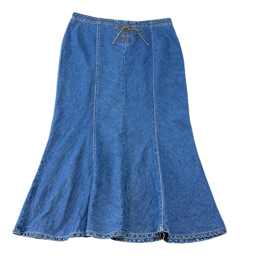 Vtg Faded Glory Y2K Denim Maxi Skirt Lace-Up Waist Flare‎ Hem Western Cowgirl